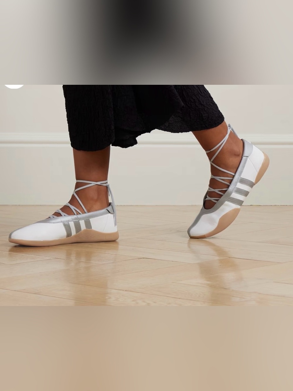 adidas White and Silver Lace-Up Ballet-Style Sneakers